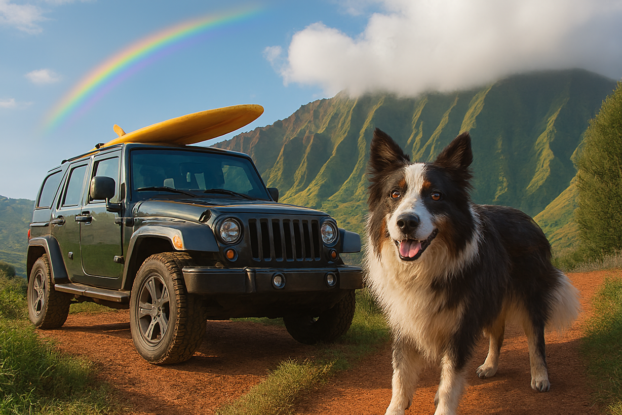 Kauai adventure vehicle with mountain view and rainbow