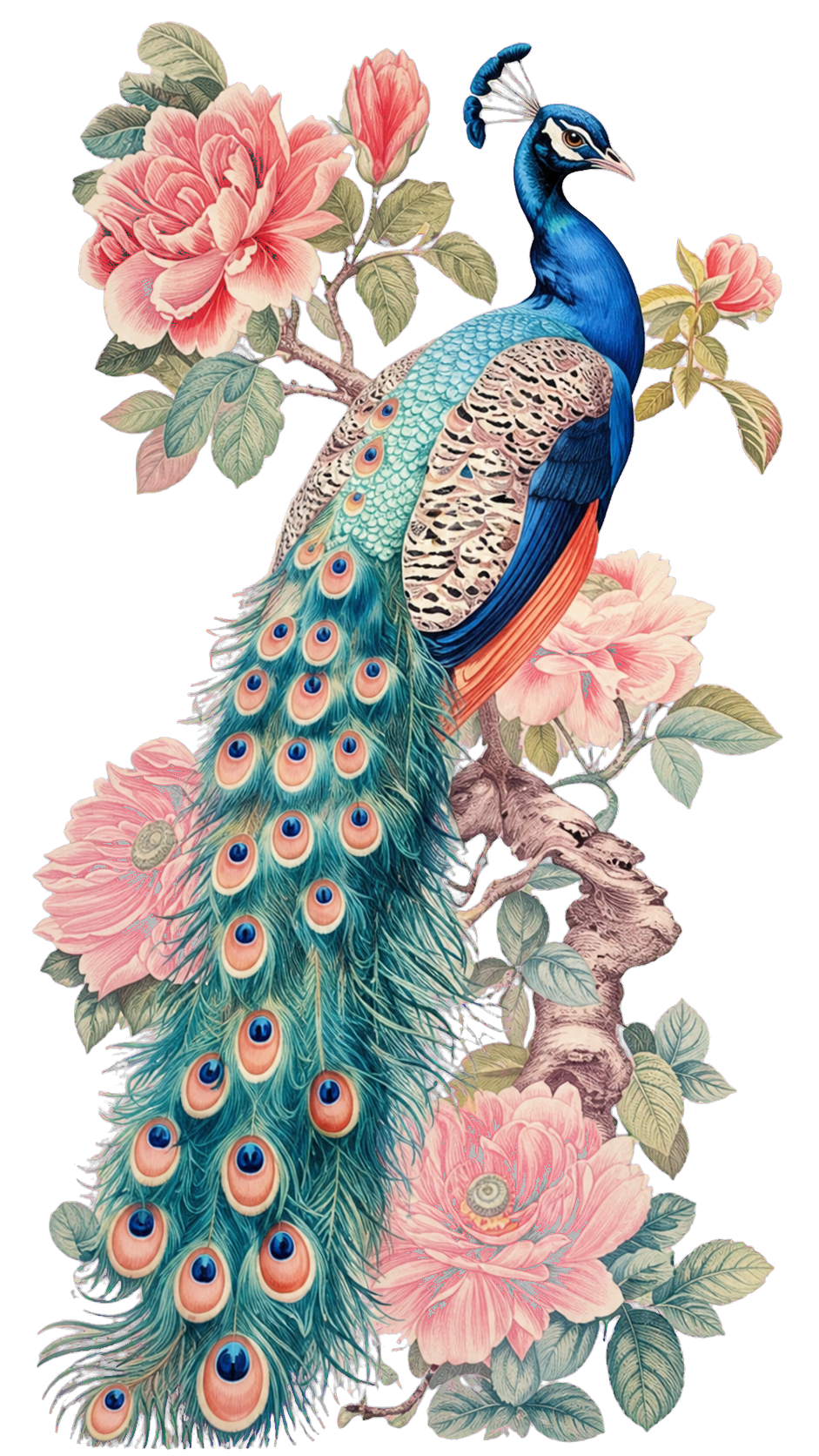 Victorian peacock surrounded by pink roses