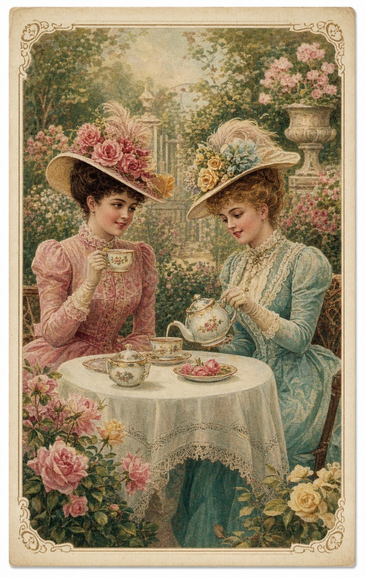Victorian postcard illustration of two women enjoying afternoon tea in a garden