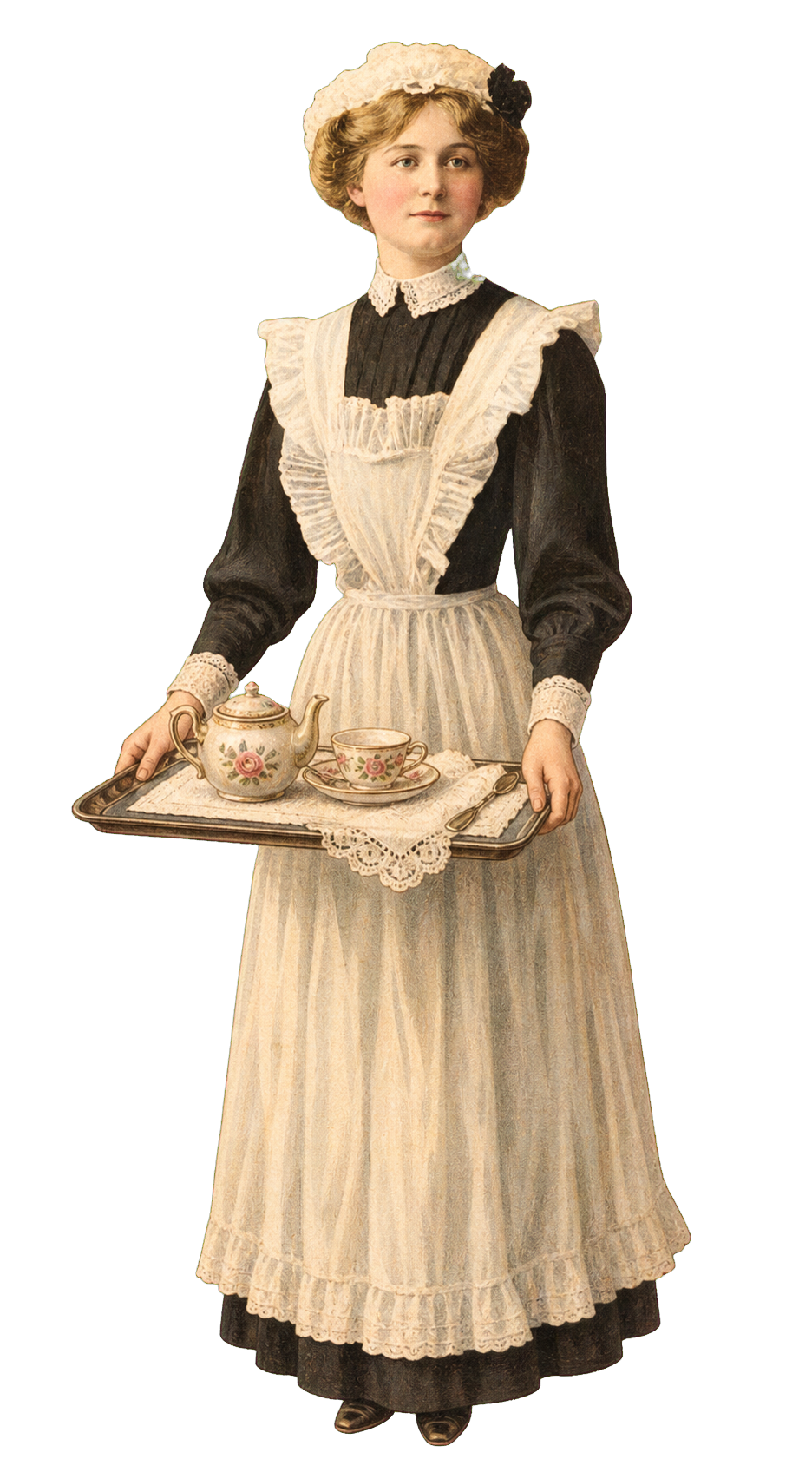 Colorized Victorian server carrying a tea tray