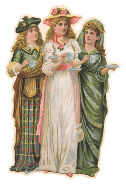 Three Victorian women holding teacups